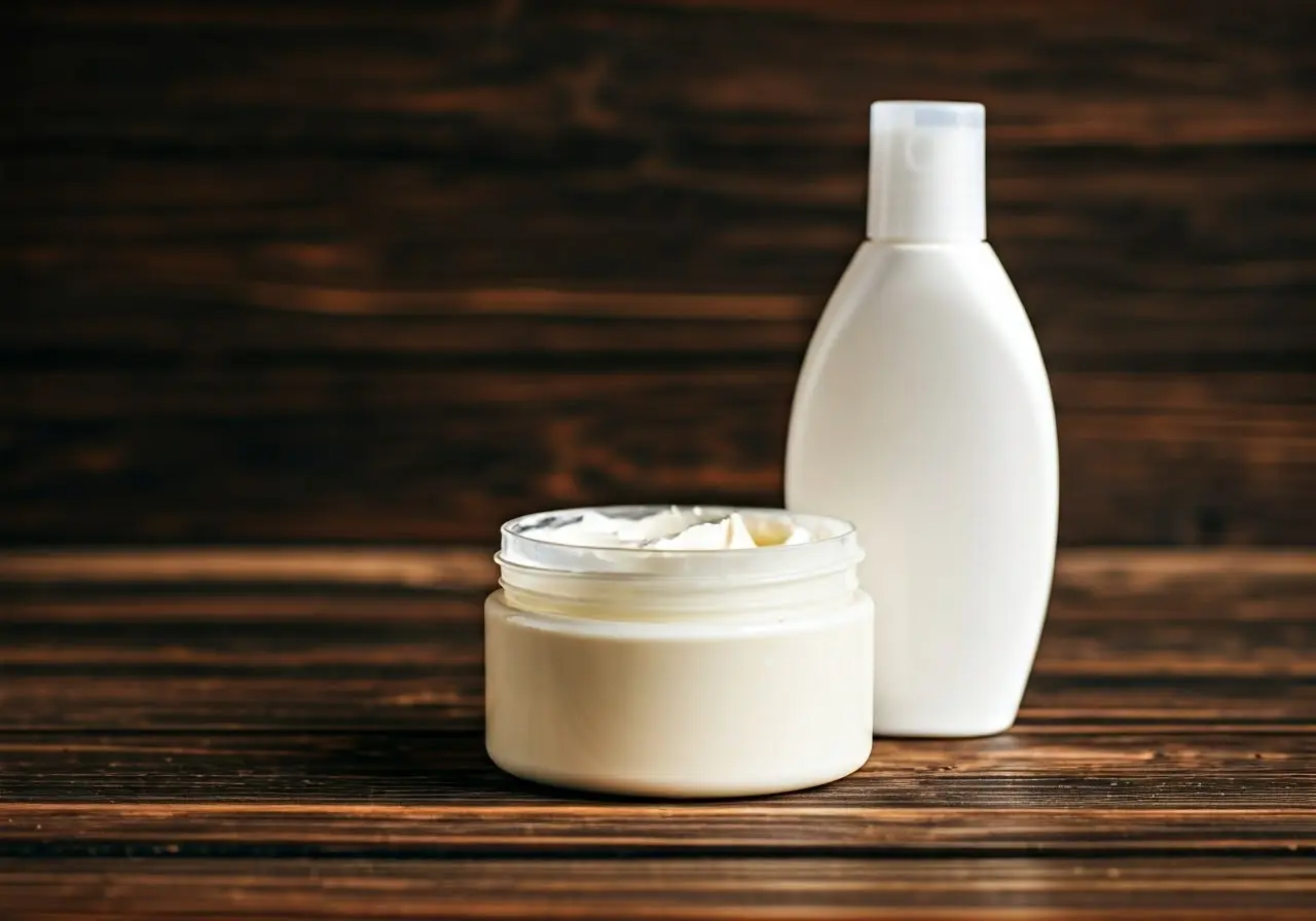 A jar of body butter beside a bottle of lotion. 35mm stock photo