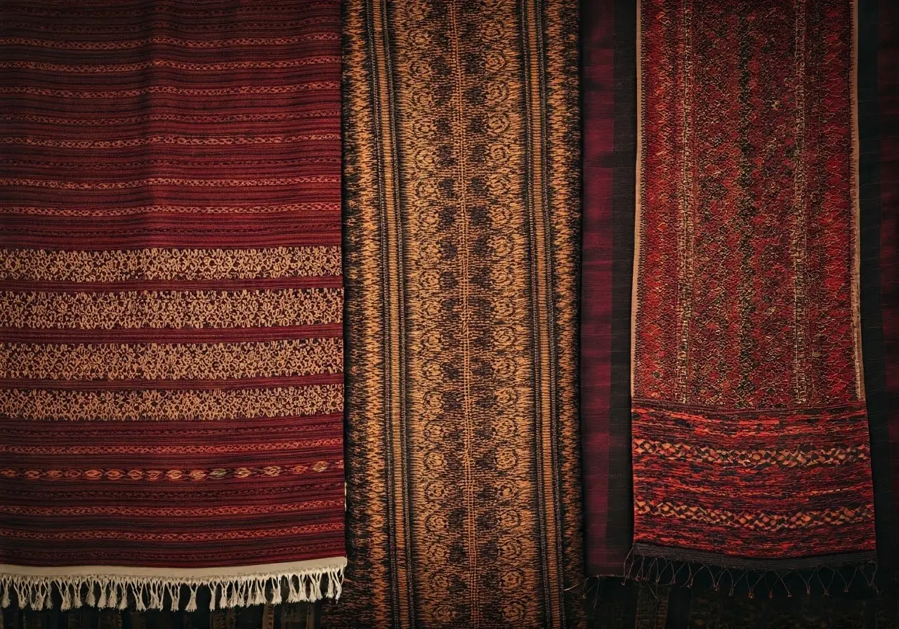 Intricately embroidered Palestinian textiles displayed against a rustic backdrop. 35mm stock photo