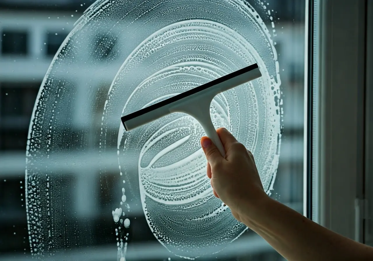 A person cleaning a window with a squeegee. 35mm stock photo