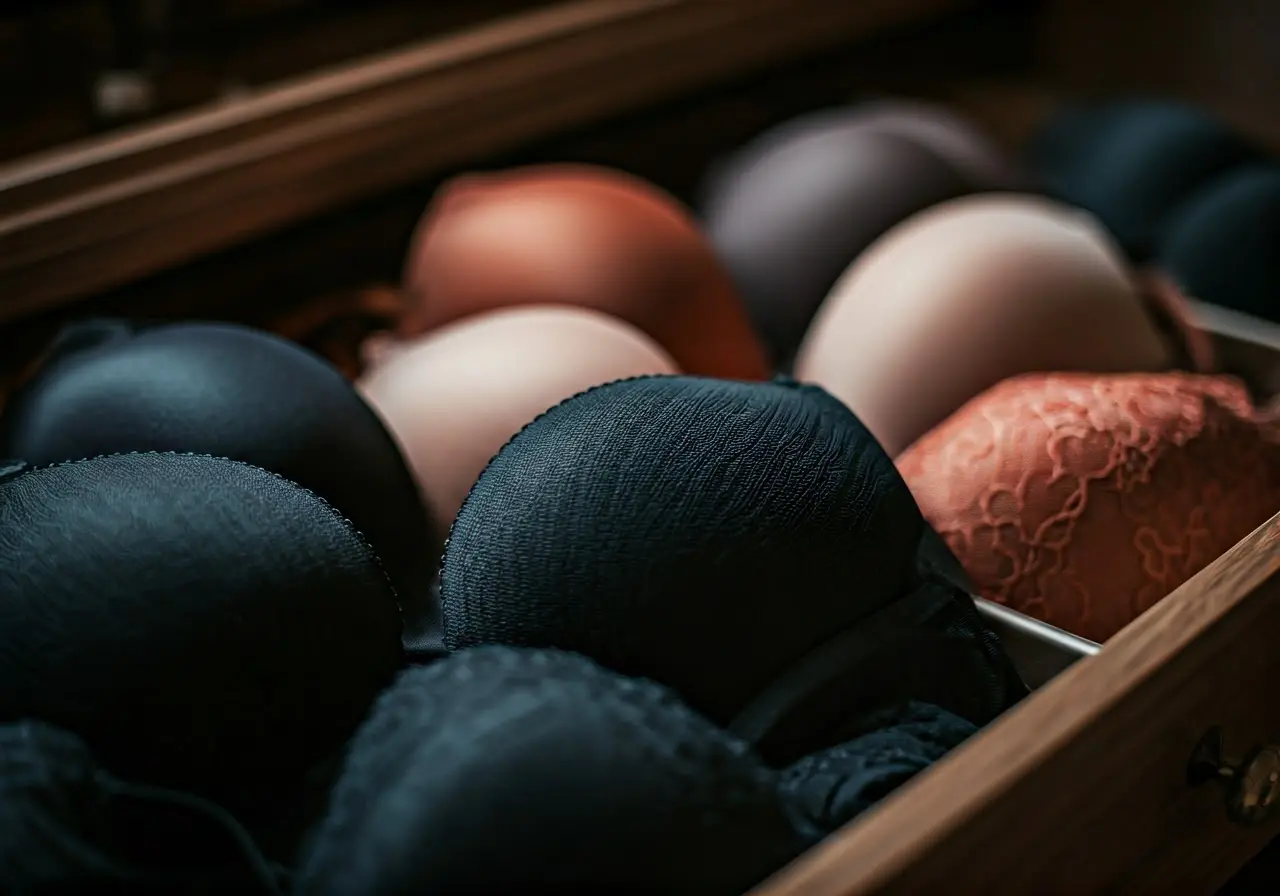 A neatly organized lingerie drawer showcasing various plunge bras. 35mm stock photo