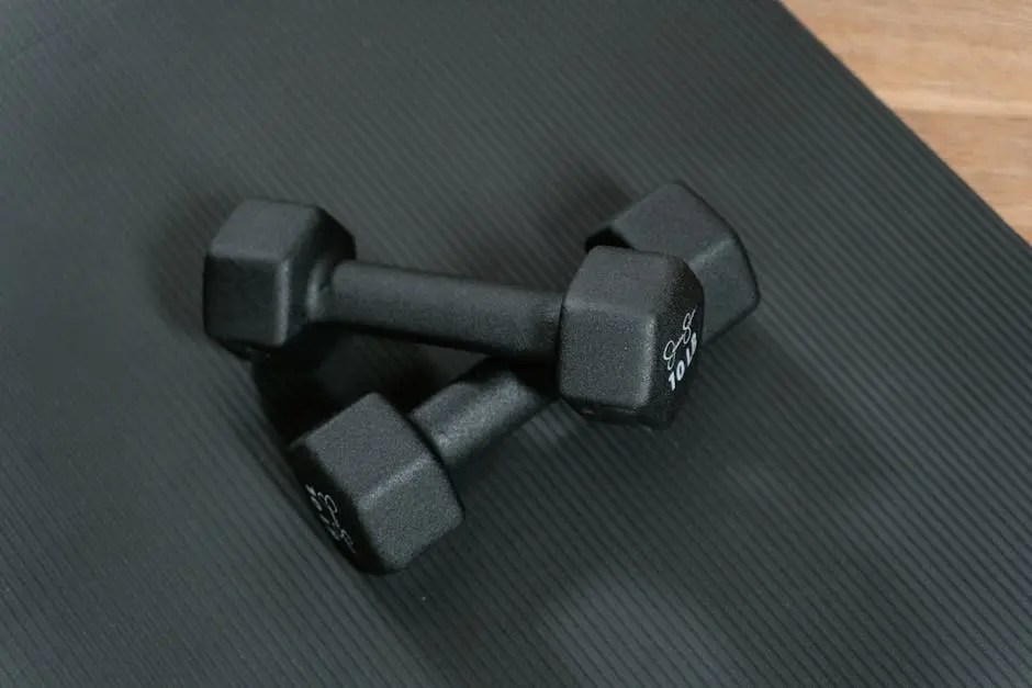 Close-Up Photo of Two Dumbbells on Black Yoga Mat