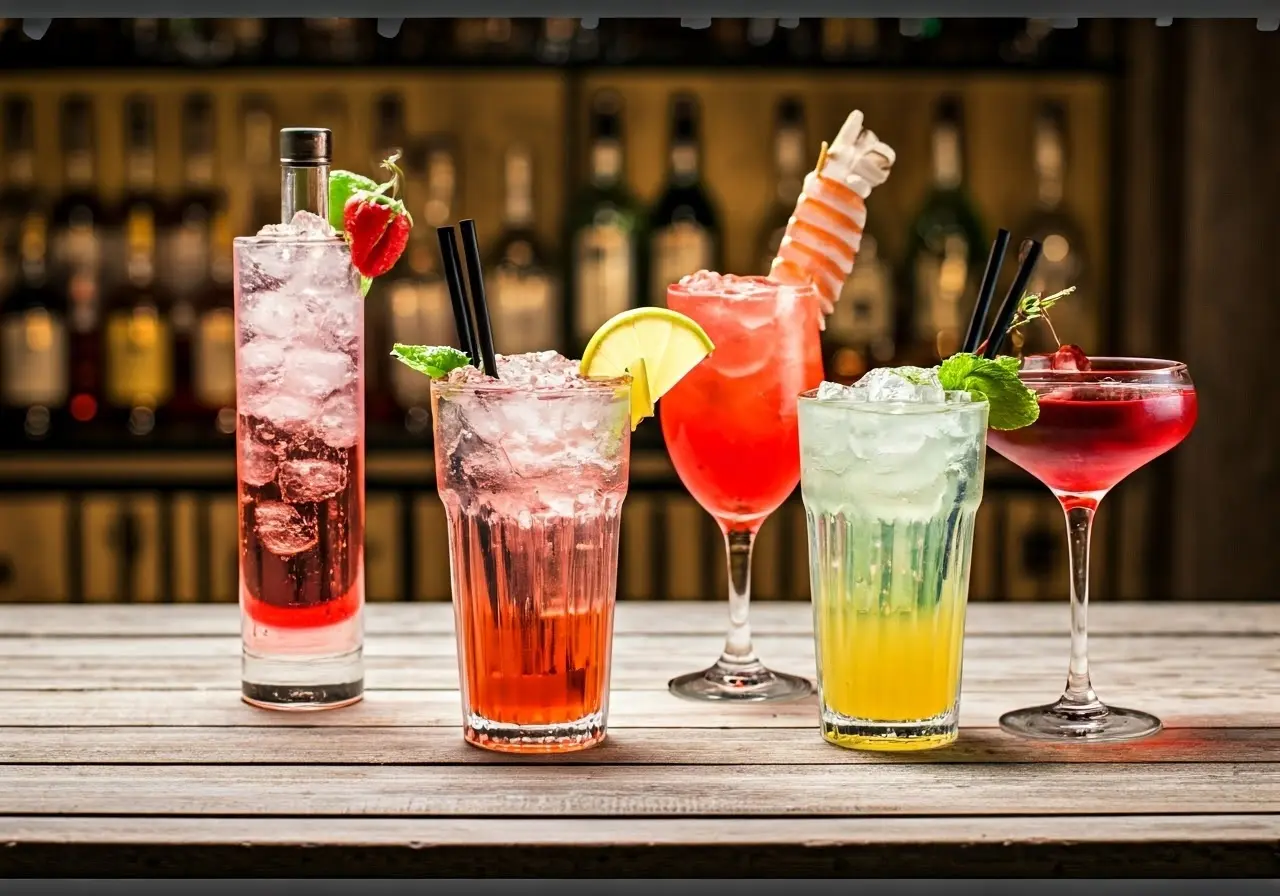 A vibrant cocktail assortment displayed on a rustic wooden bar. 35mm stock photo