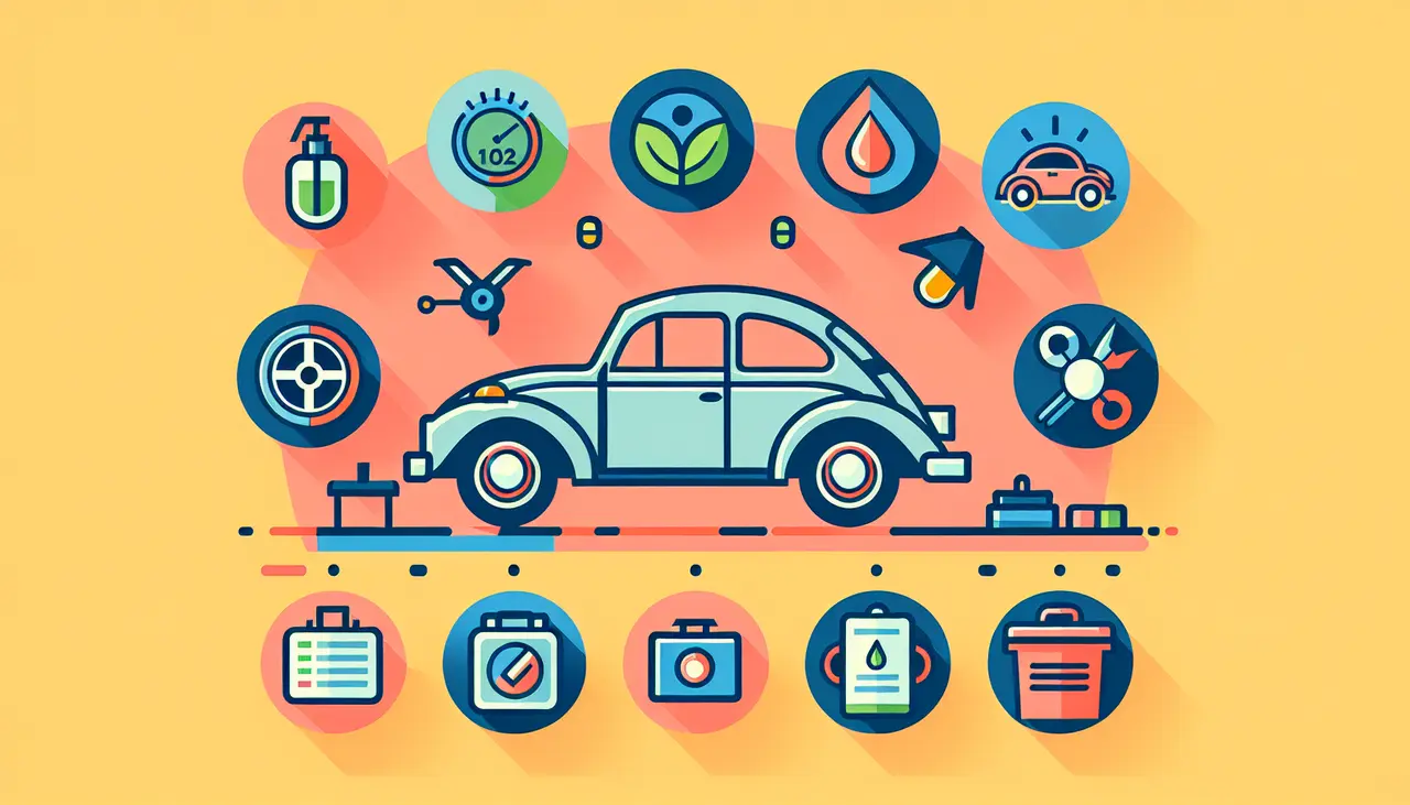 Draw a graphic in flat design style. A flat design image of a Volkswagen Beetle parked next to easy-to-follow care instructions icons.