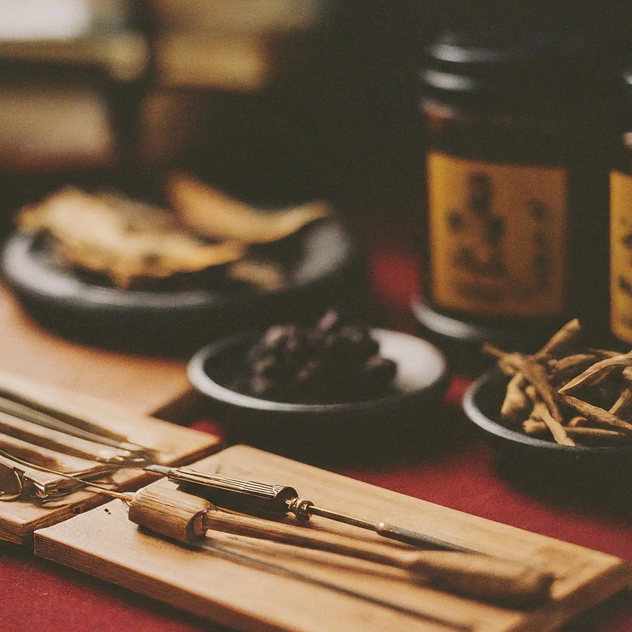 A collection of traditional Chinese medicine herbs and acupuncture tools. 35mm stock photo