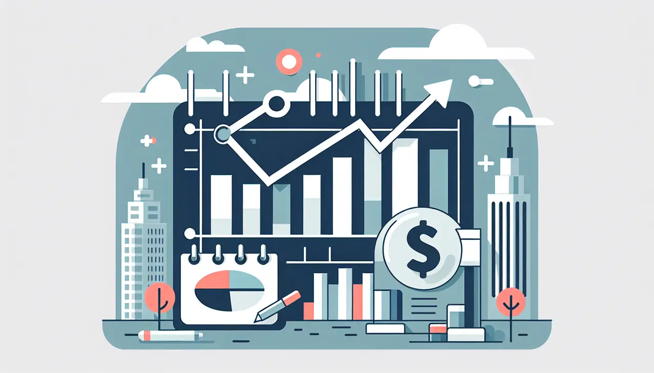 Draw a graphic in flat design style. A clean, flat design image featuring a minimalist planner with an upward-trending graph and a dollar sign, set against a background of Spokane’s skyline.