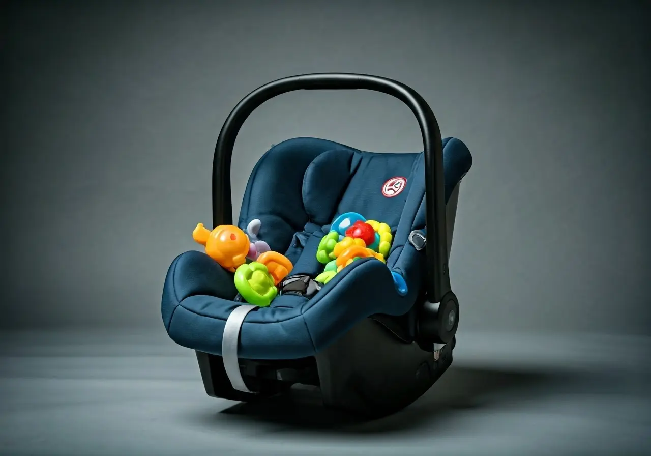 A car seat with baby toys and travel accessories. 35mm stock photo