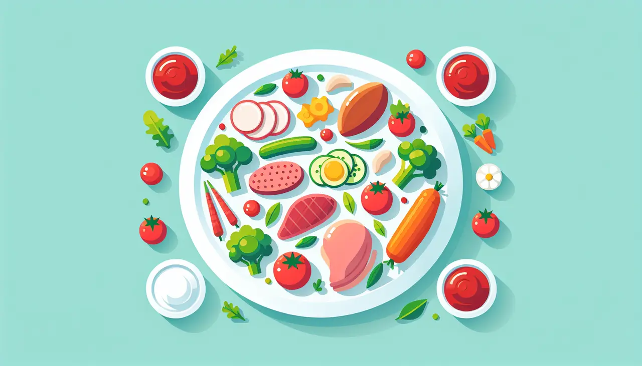 Draw a graphic in flat design style. A clean plate with a variety of foods paired with ketchup in small bowls.