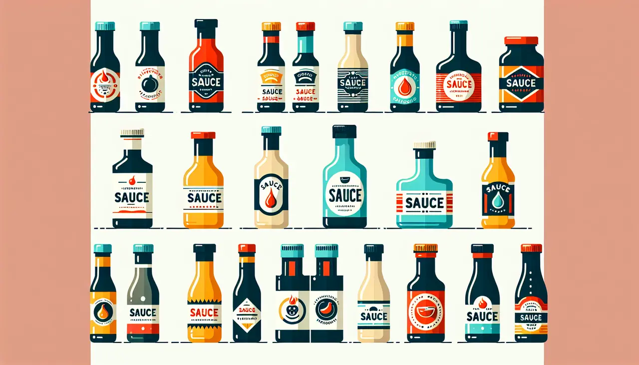 Draw a graphic in flat design style. A selection of colorful sauce bottles with simple labels, set against a plain background, showcasing the variety in the Harrisons Condiments range in flat design style.