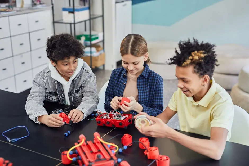 Children collaborating on a robotics project, showcasing teamwork and STEM learning indoors.