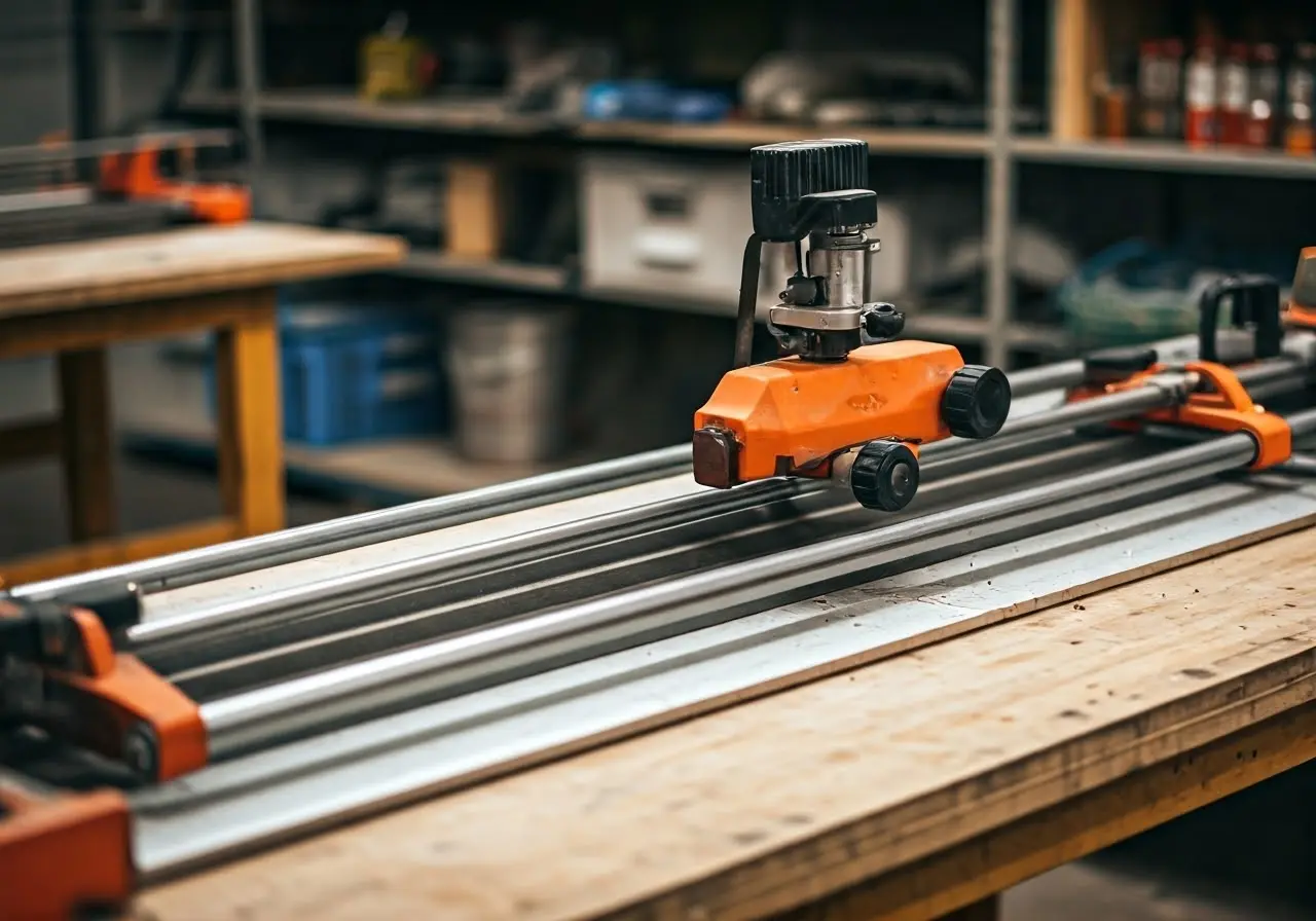 High-tech tile cutter on a workshop table. 35mm stock photo