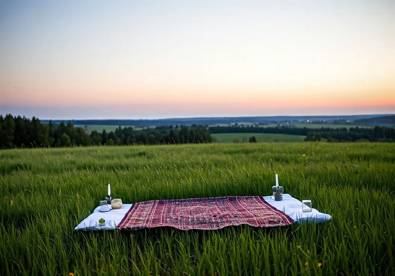 A serene landscape with a mindfulness meditation setup. 35mm stock photo