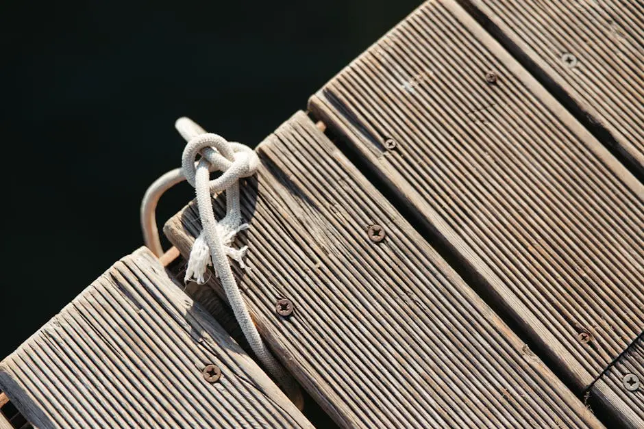 Detailed shot of a knotted rope on a textured wooden pier, perfect for nautical themes.