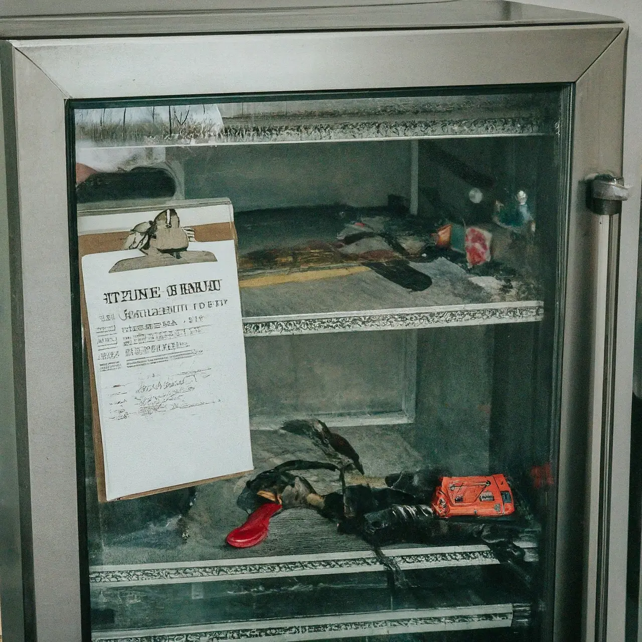 A commercial refrigerator with tools and a maintenance checklist. 35mm stock photo