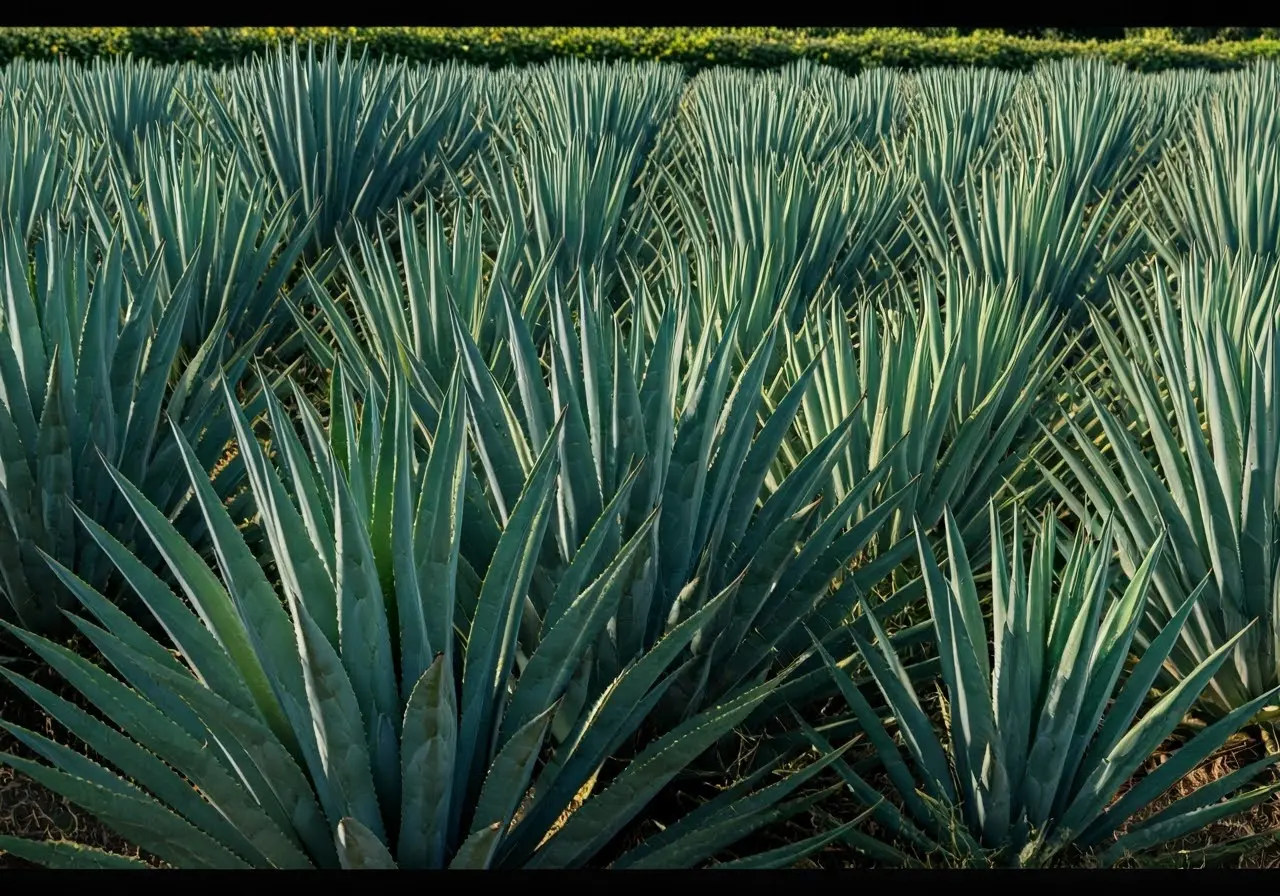 A field of blue agave plants under the sun. 35mm stock photo