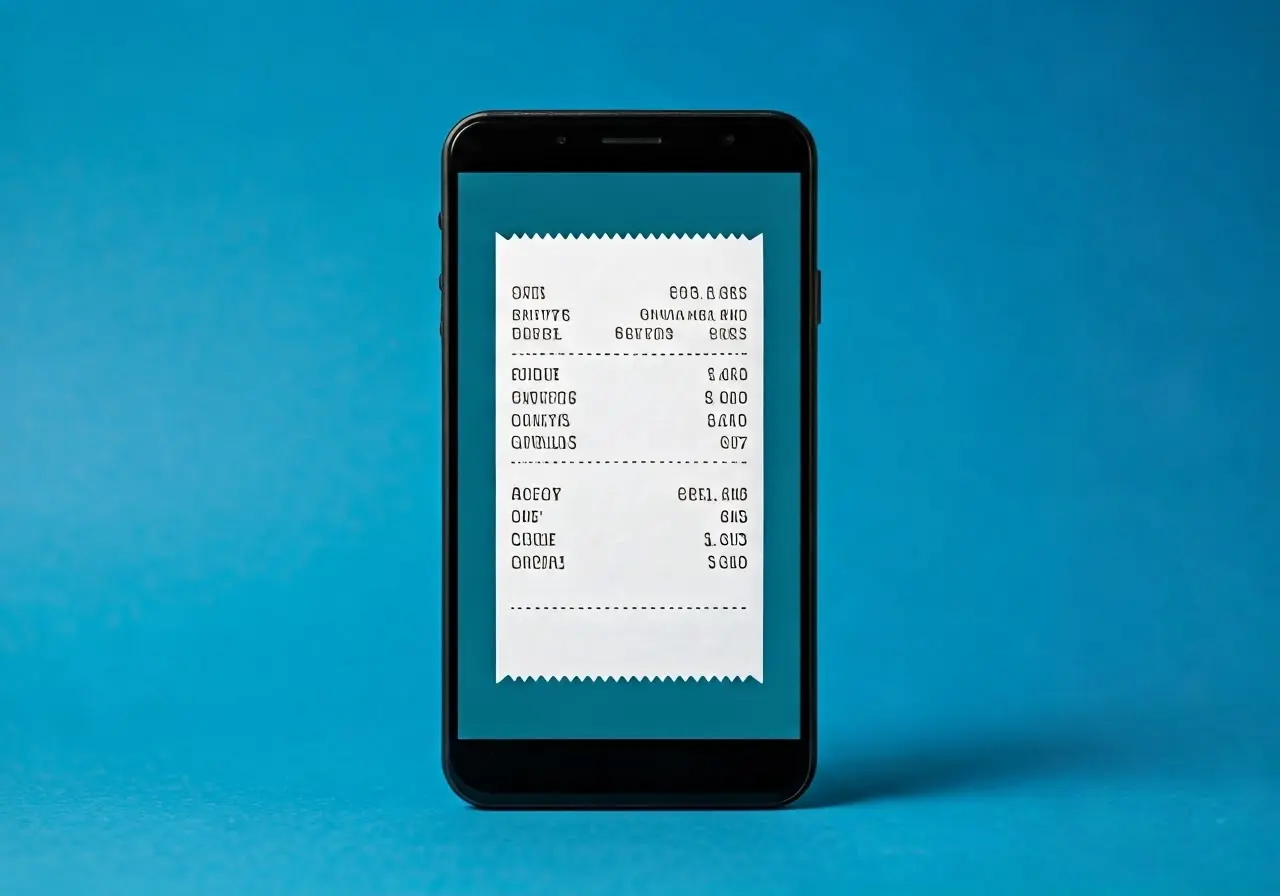 Digital receipt on a smartphone screen against a blue background. 35mm stock photo