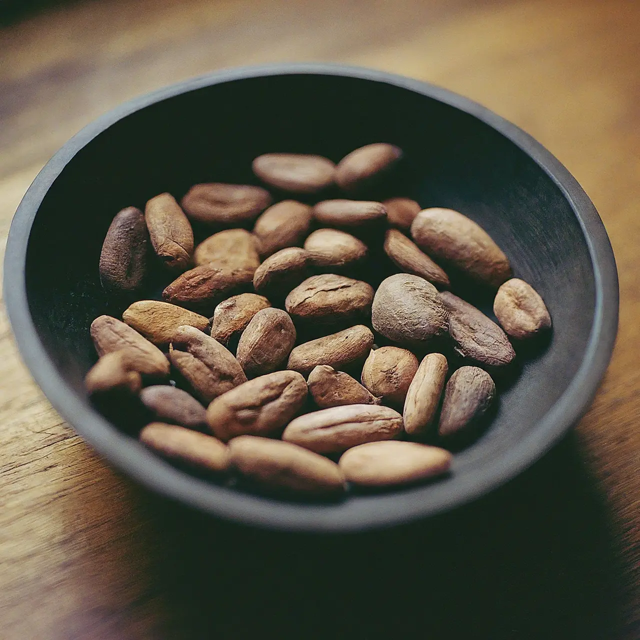 A bowl of Amazonian cacao beans on a wooden surface. 35mm stock photo