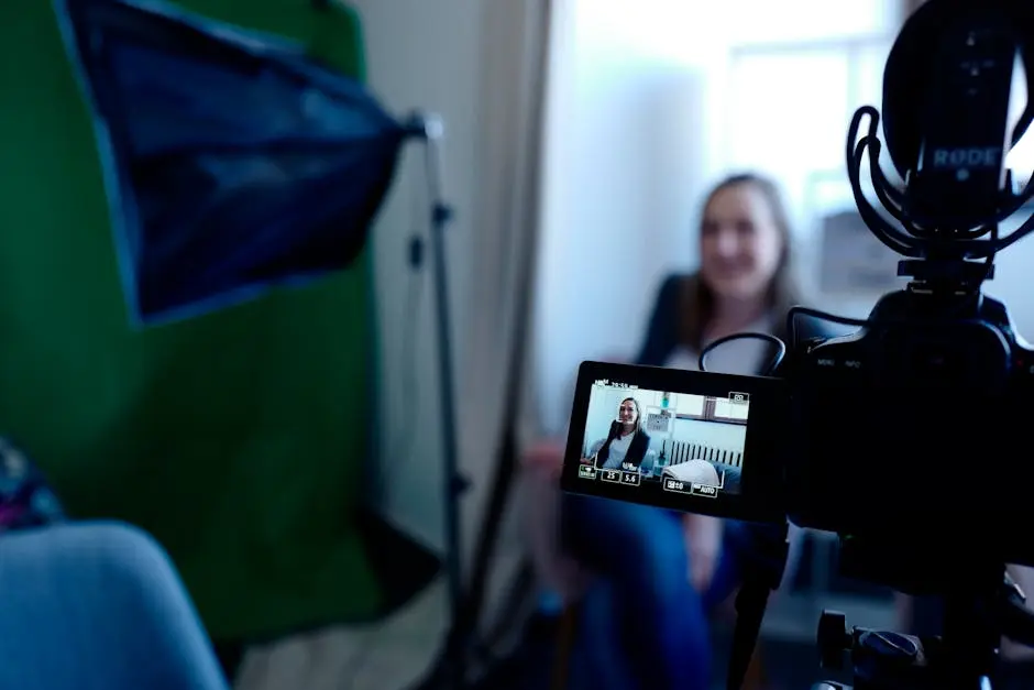 Woman being recorded in a professional studio setup, using video camera and lighting equipment.