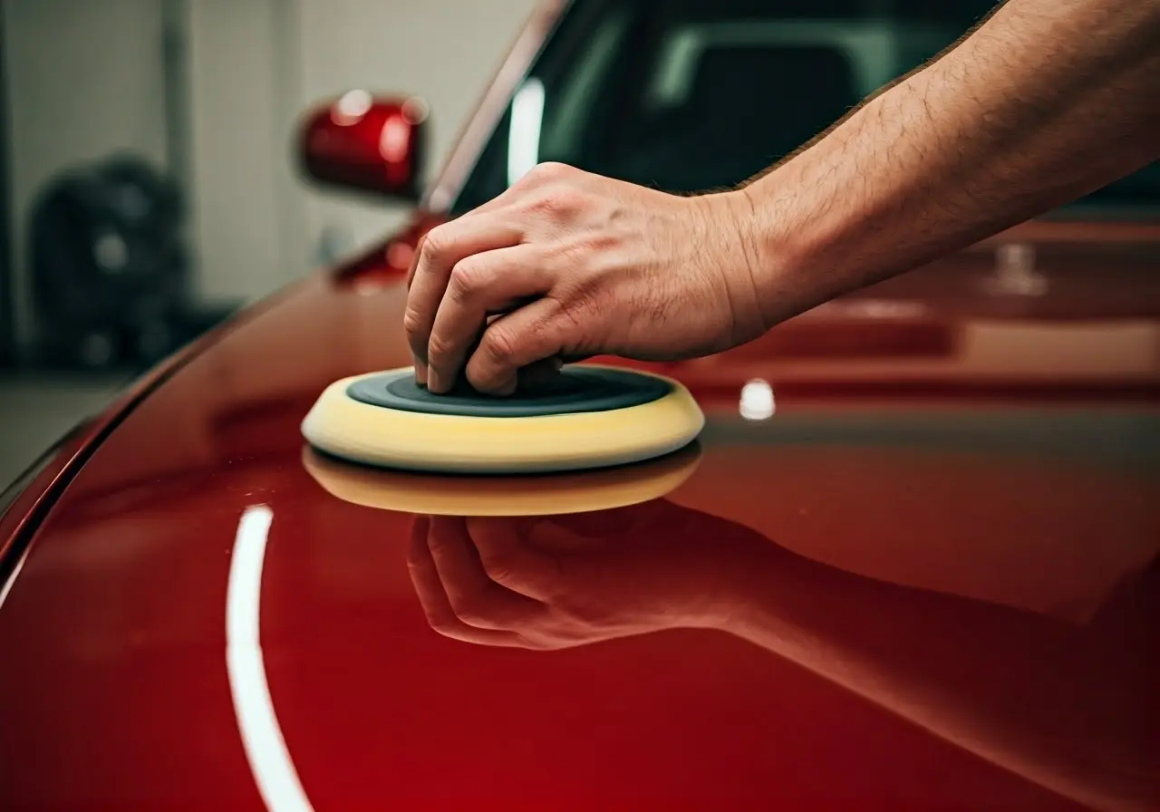 Close-up of a hand polishing a car’s shiny surface. 35mm stock photo