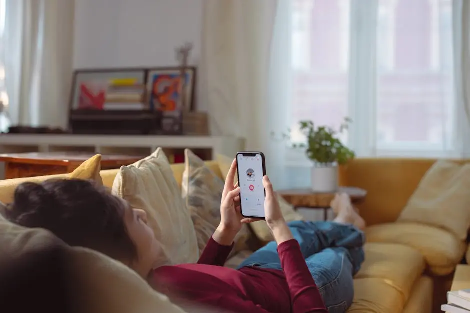 A Person Lying on Sofa Holding a Smartphone with a Person’s Profile on Screen