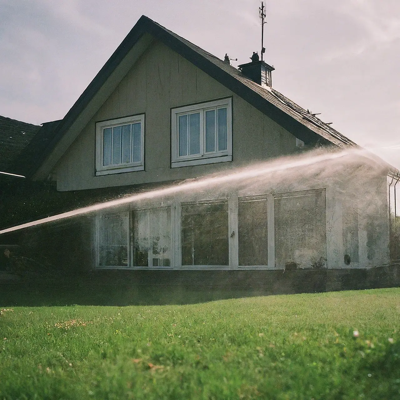 A clean, sparkling house exterior with water spray in action. 35mm stock photo