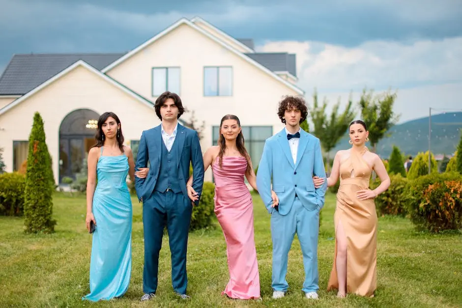 A stylishly dressed group poses in a garden setting, showcasing vibrant formal wear.