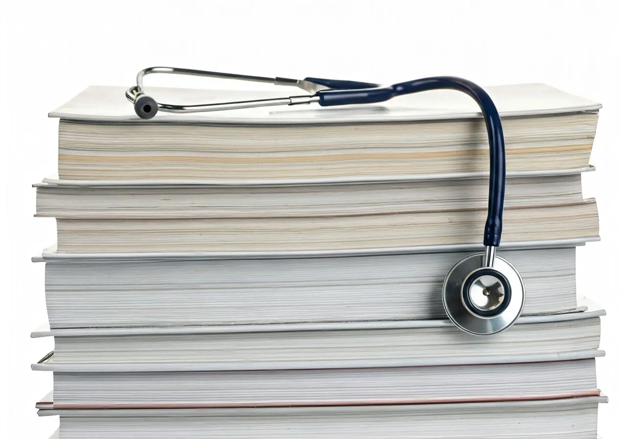 A stack of new medical journals with a stethoscope. 35mm stock photo