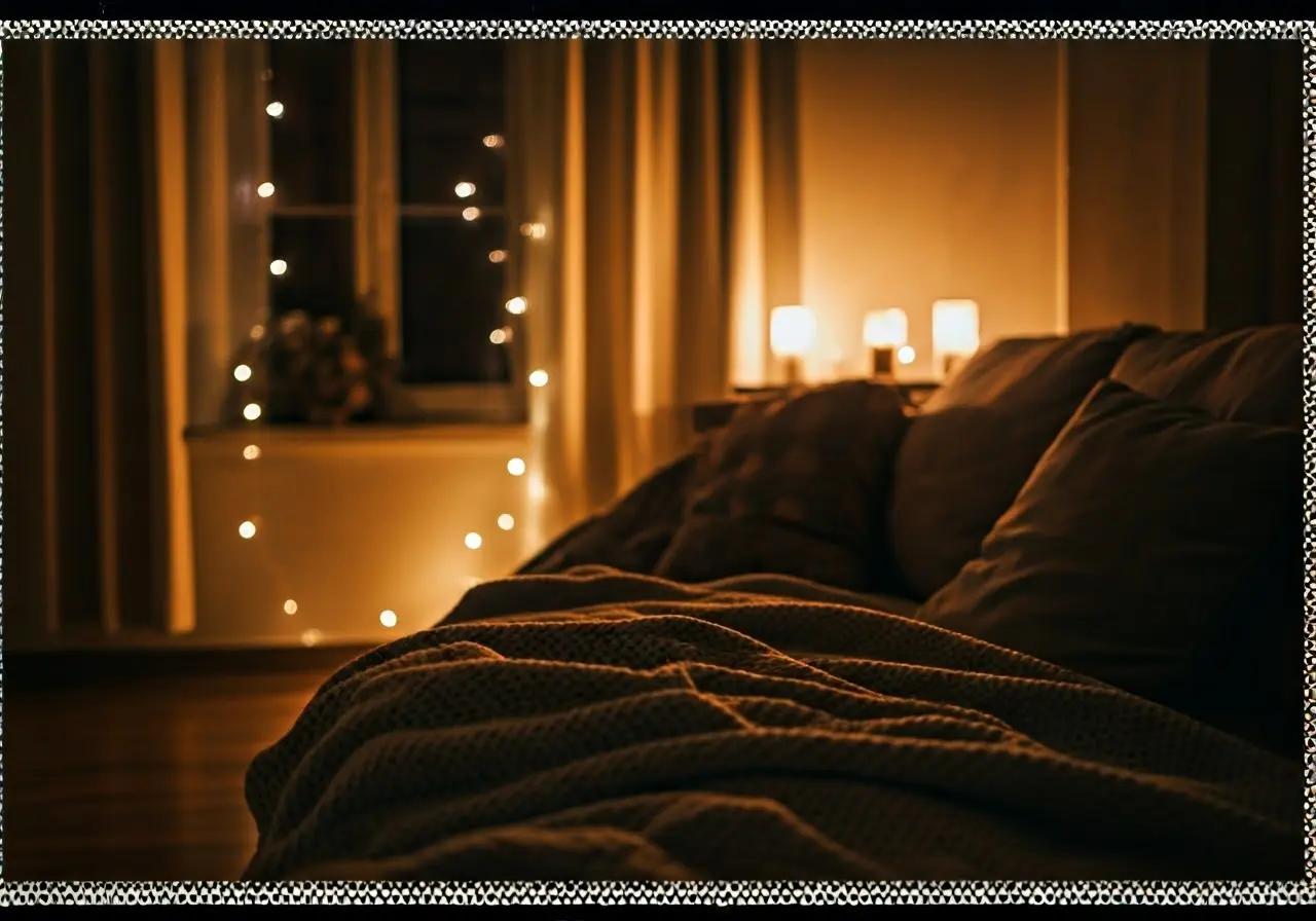 A cozy living room with soft lighting and a warm blanket. 35mm stock photo