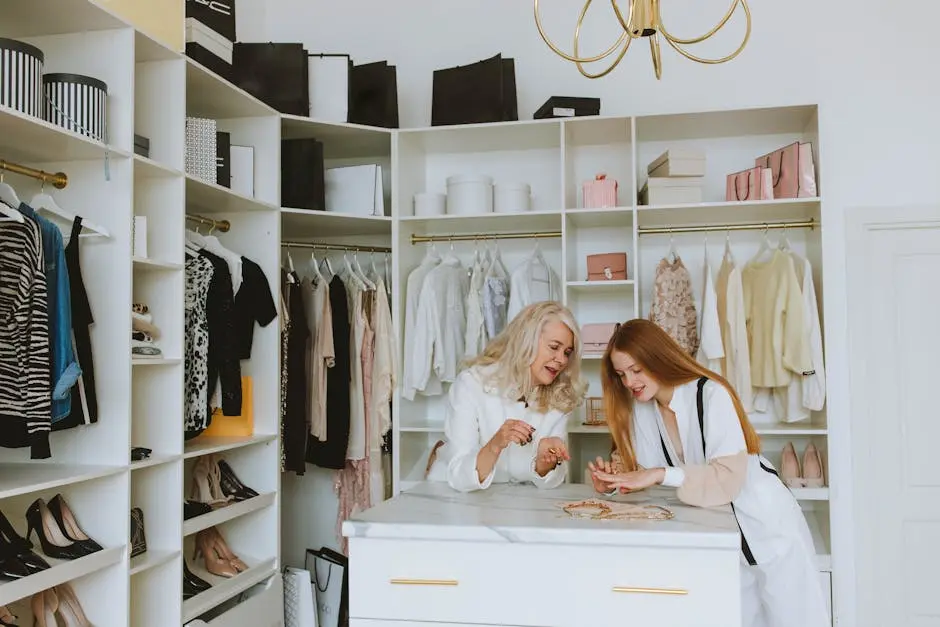 Woman in White and Girl with Ginger Hair Looking at the Jewelry on Drawer in the Wardrobe