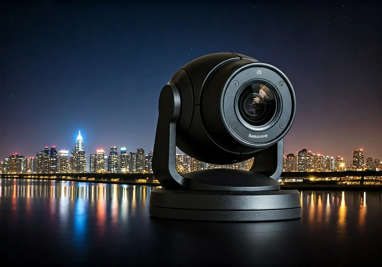 A modern PTZ camera with a city skyline background. 35mm stock photo