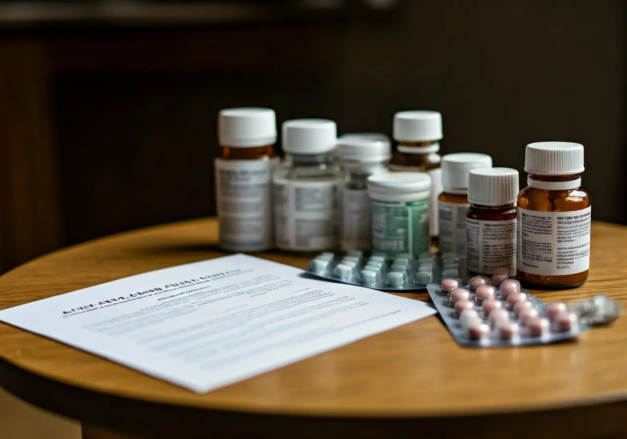 A table with various medication bottles and an informational pamphlet. 35mm stock photo