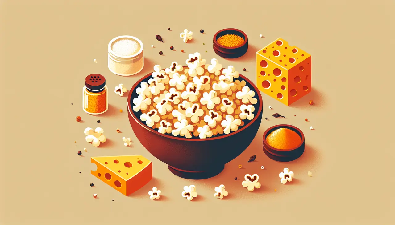 Draw a graphic in flat design style. A bowl of popcorn with cheese shavings and spices sprinkled on top, surrounded by small cheese blocks and spices jars.