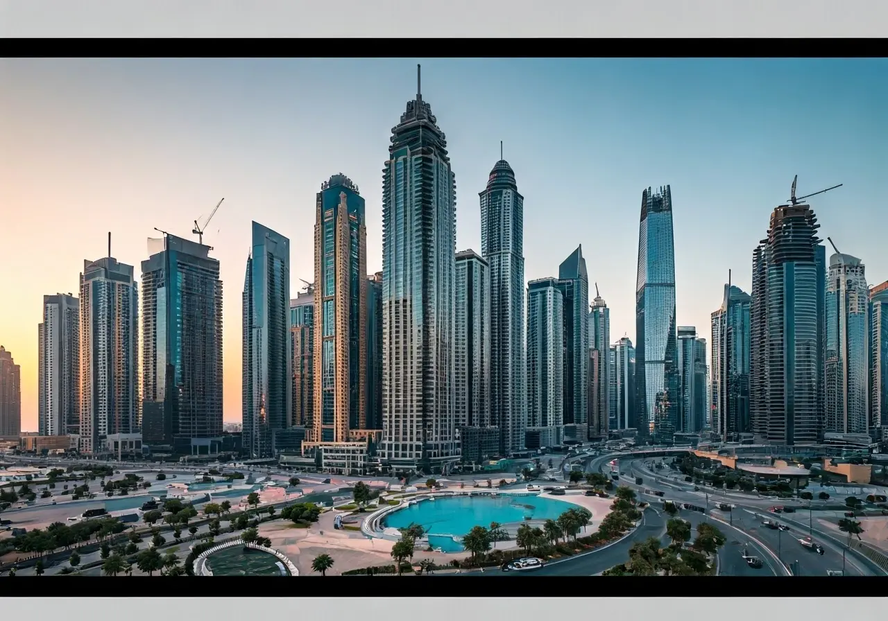 Skyline view of modern skyscrapers in Dubai at sunset. 35mm stock photo