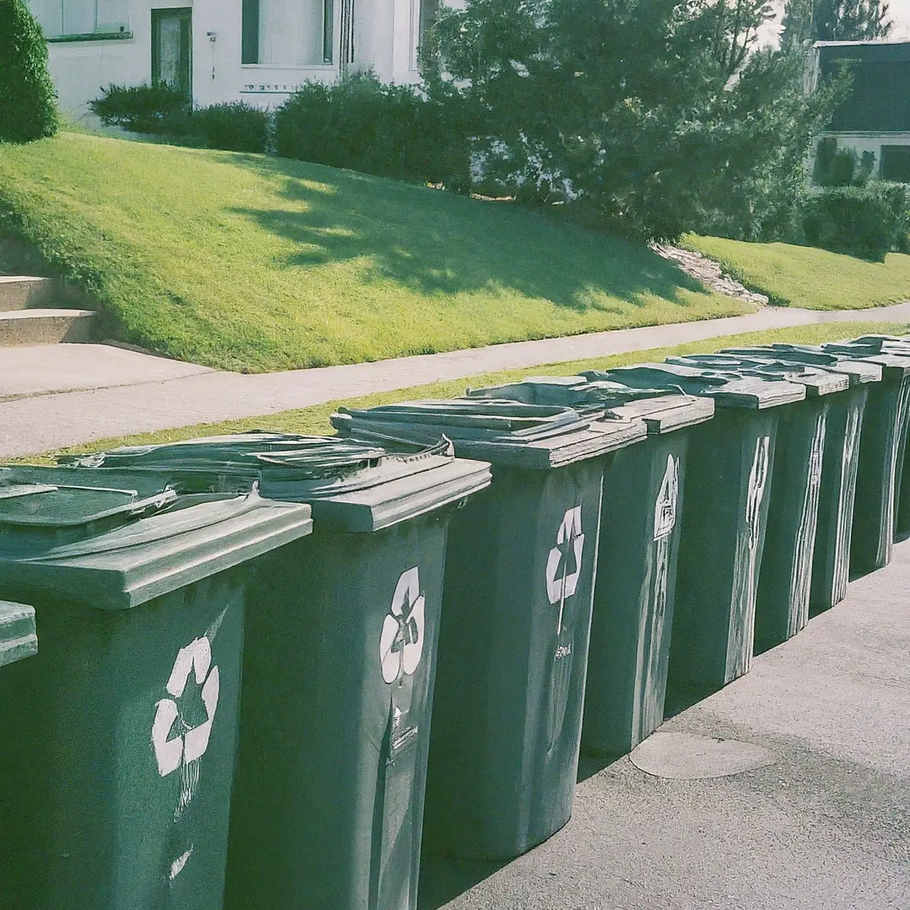 A neat row of recycling bins on a sunny driveway. 35mm stock photo