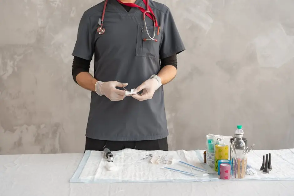 Close-up of a healthcare worker preparing medical tools on a table.