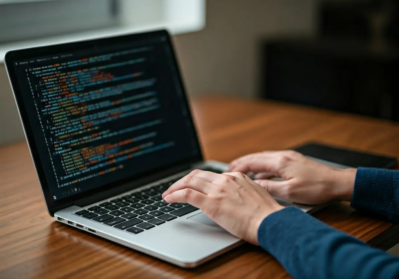 Hands typing on a laptop with code on screen. 35mm stock photo