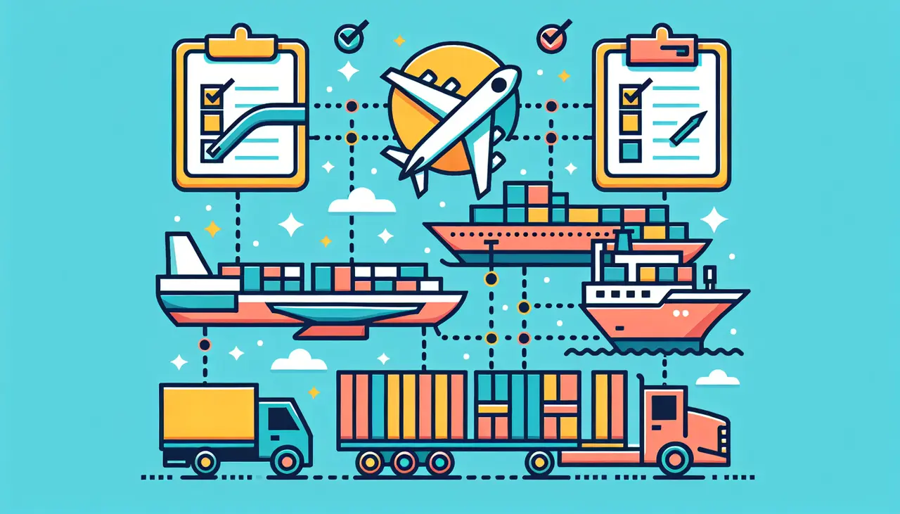 Draw a graphic in flat design style. A flat design illustration of a cargo ship, an airplane, and a truck connected by dotted lines with clipboard checkmarks representing steps in the import process.