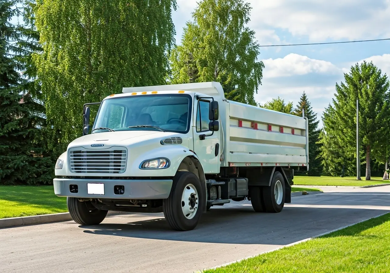 A recycling truck parked in a green suburban neighborhood. 35mm stock photo