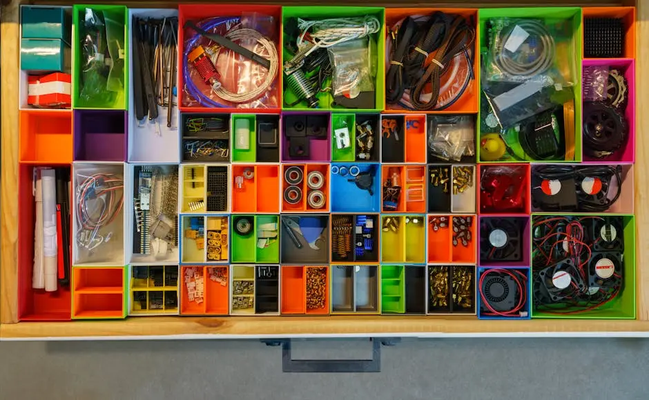 Top view of a neatly organized drawer filled with colorful containers holding various tools and electronic parts.