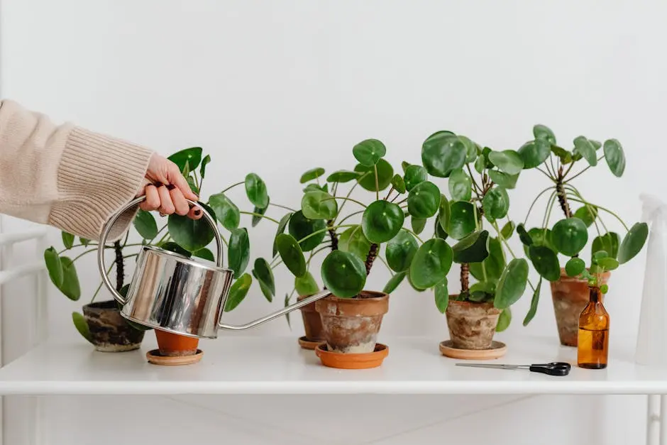 Person Watering Plants on White Table