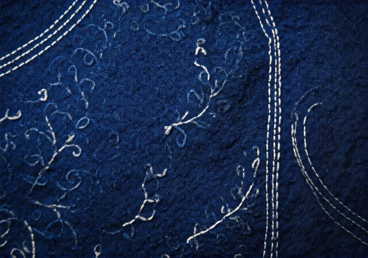 A close-up of blue fabric with white embroidery patterns. 35mm stock photo