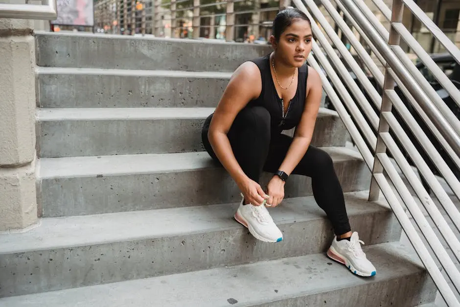 Woman in Sports Clothing Sitting on Stairs and Tying Her Shoe