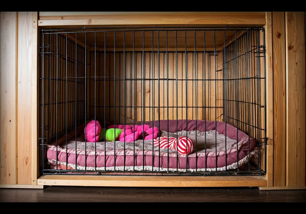 A cozy dog kennel with bedding and toys inside. 35mm stock photo