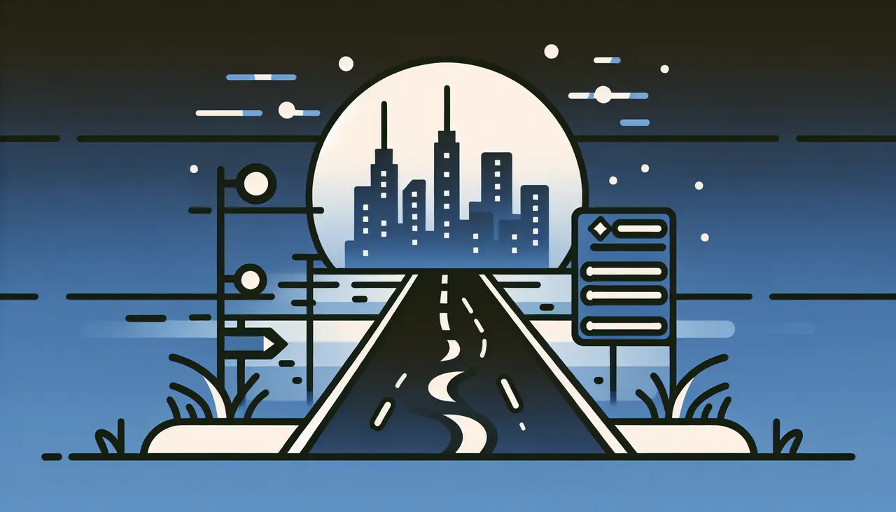 Draw a graphic in flat design style. A minimalist flat design image of a winding road with clear directional signs and a bright city skyline in the background.