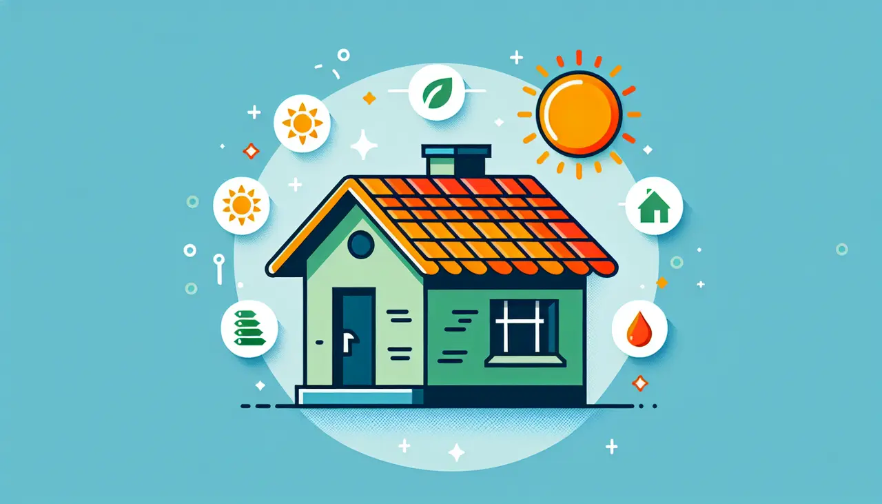 Draw a graphic in flat design style. A minimalist image of a house with a vibrant tile roof under the sun, surrounded by a few energy efficiency icons.