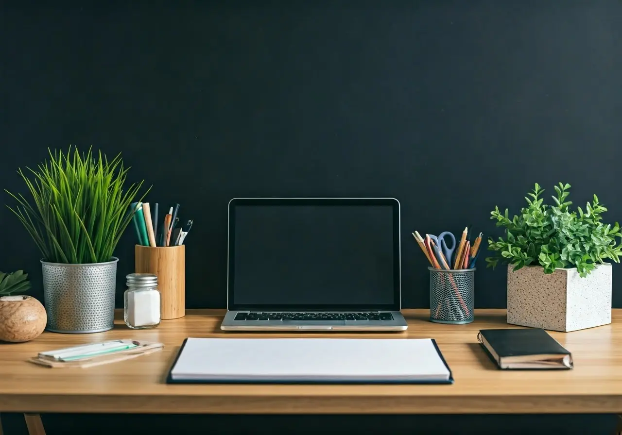 A tidy office desk with organized supplies and plants. 35mm stock photo