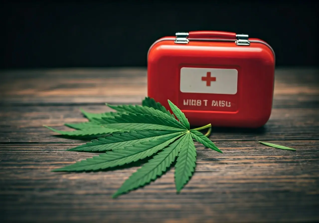 Cannabis leaves scattered beside a first aid kit. 35mm stock photo