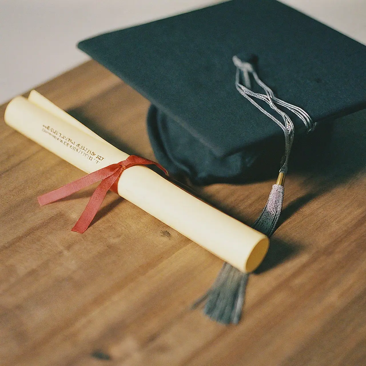 Graduation cap and certificates on a wooden desk. 35mm stock photo