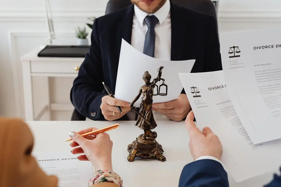 Legal professionals reviewing divorce documents in a law office with a Lady Justice statue.