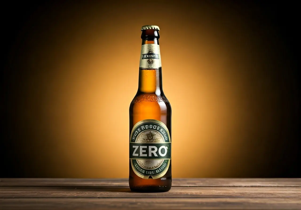 A refreshing zero alcohol beer bottle on a wooden table. 35mm stock photo