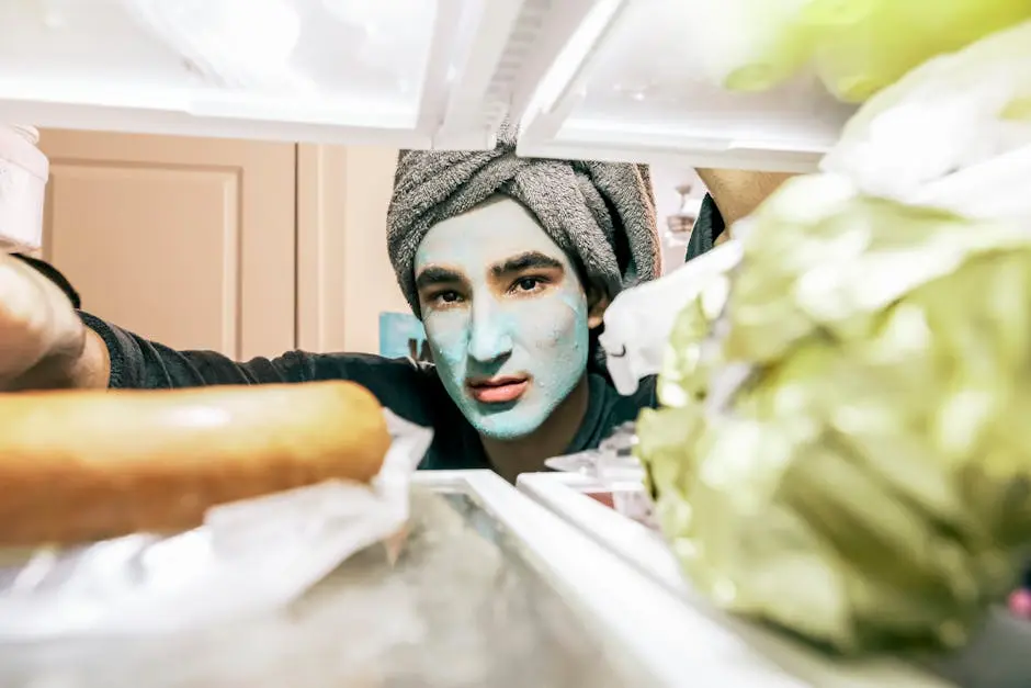 Person in Skincare Face Mask Looking into Fridge